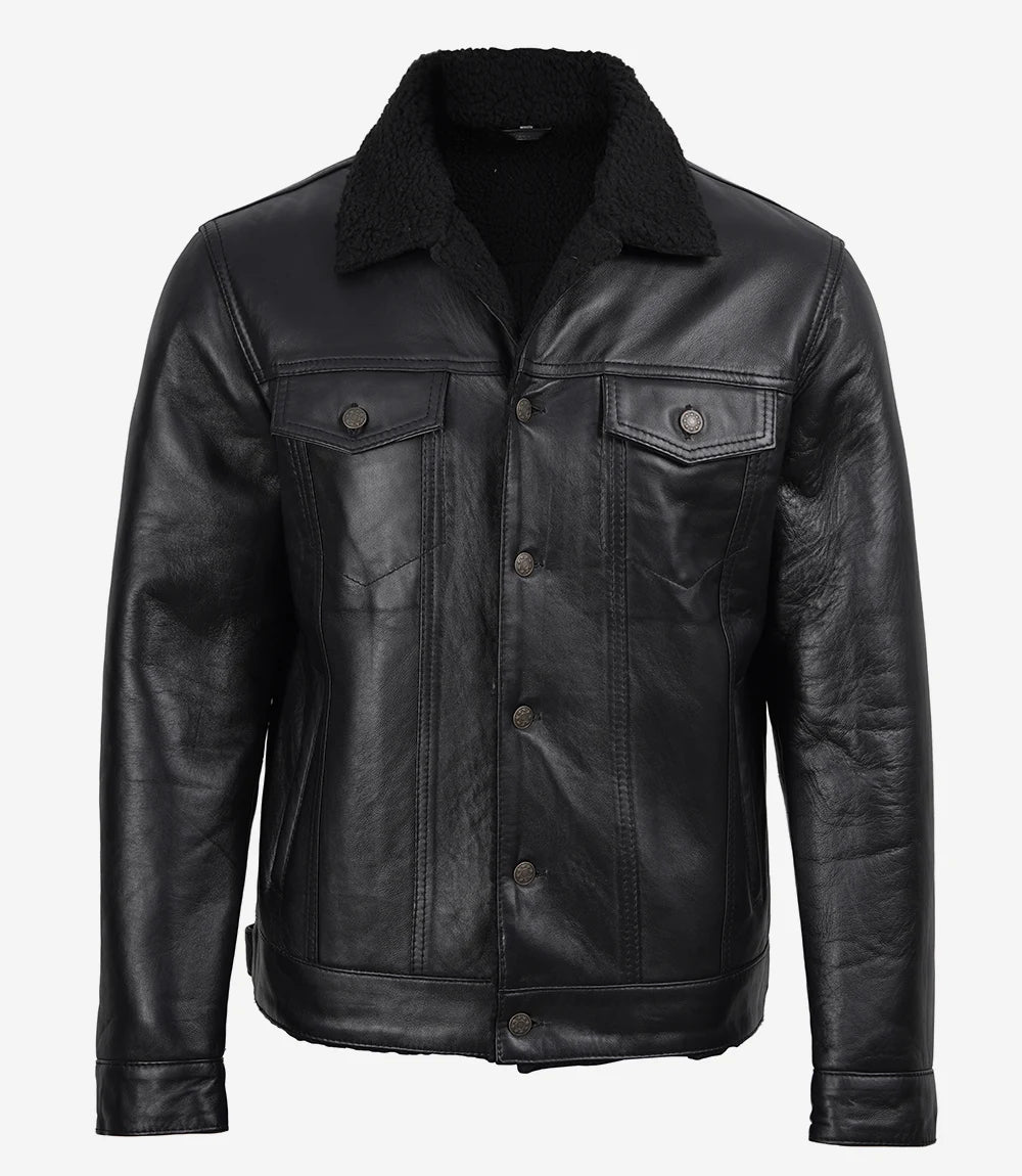 Men's Black Real Lambskin Leather Trucker Jacket – Sherpa Lined