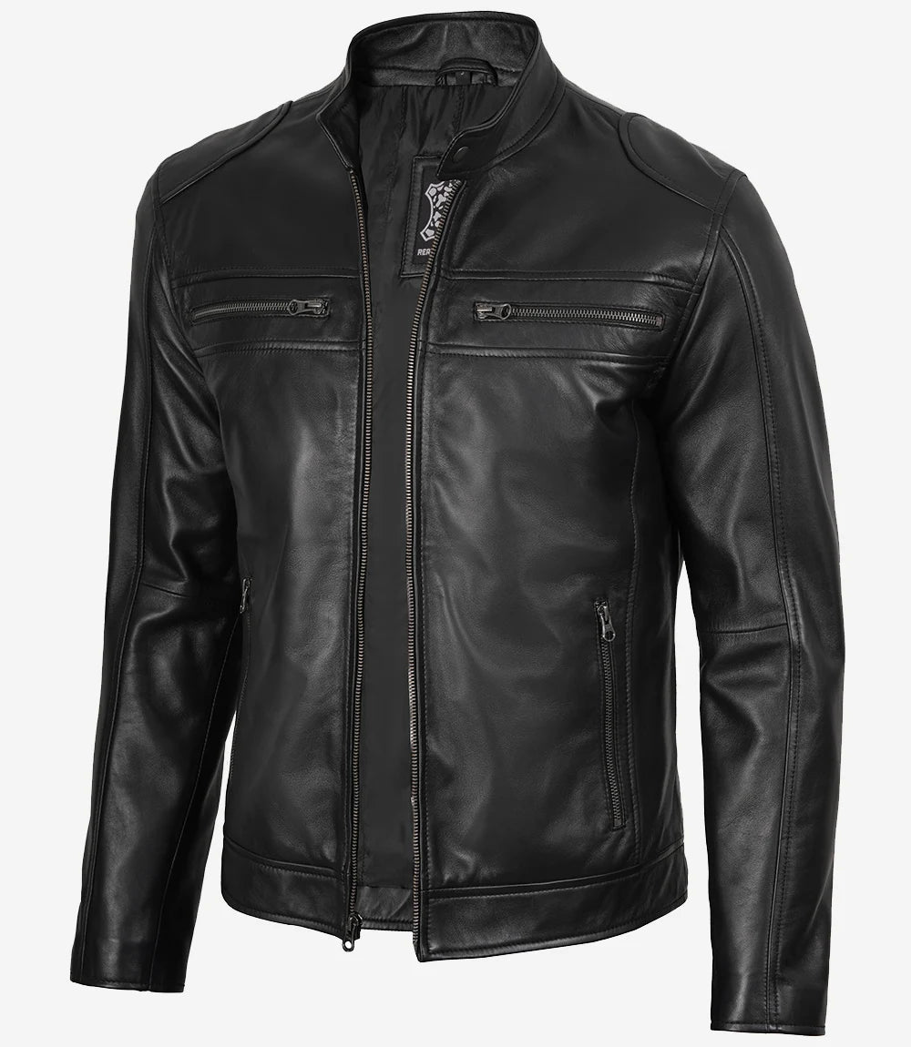 Mens Real Leather Black Biker Style Jacket