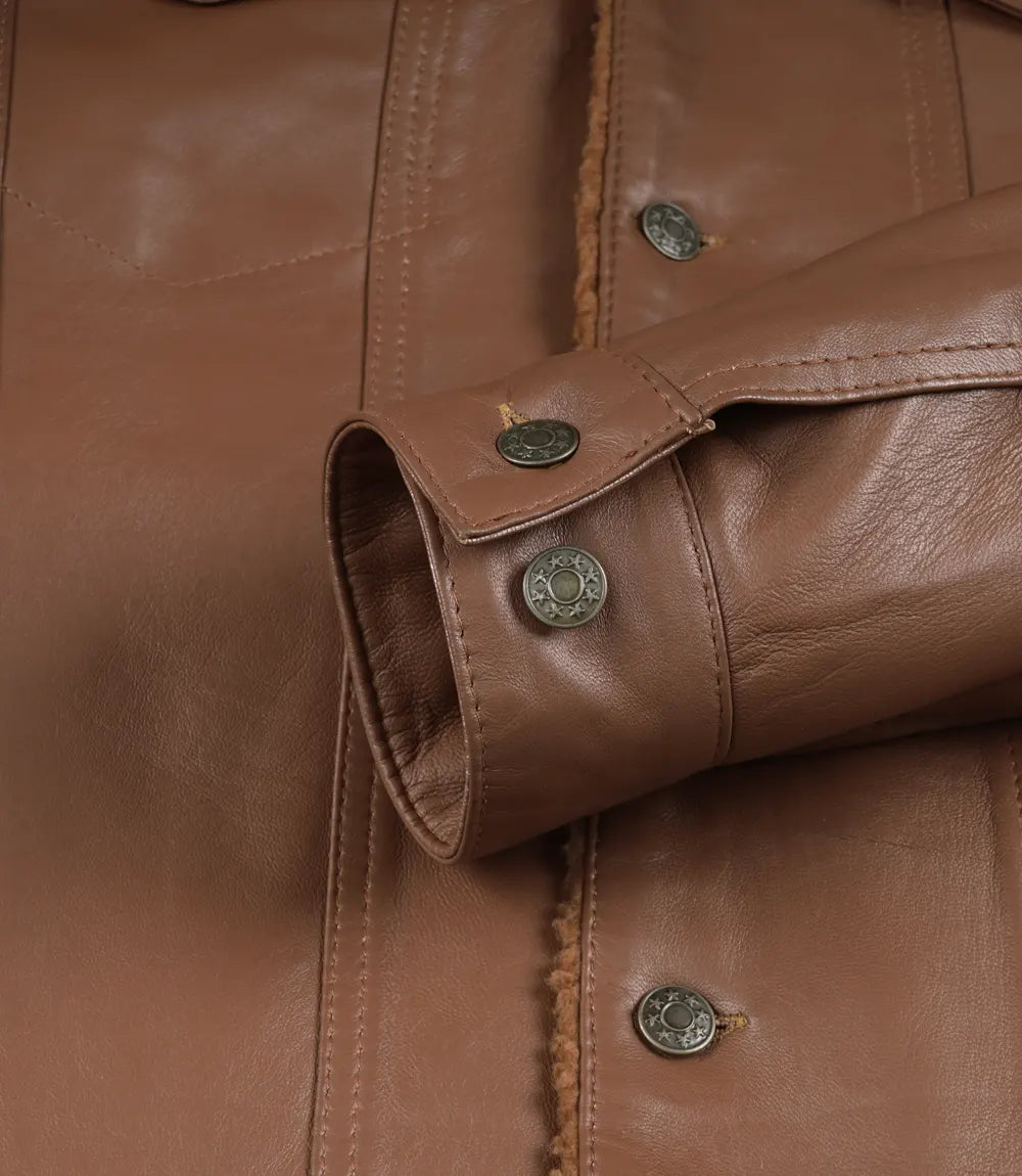 Men's Cognac Brown Real Lambskin Leather Trucker Jacket – Sherpa Lined