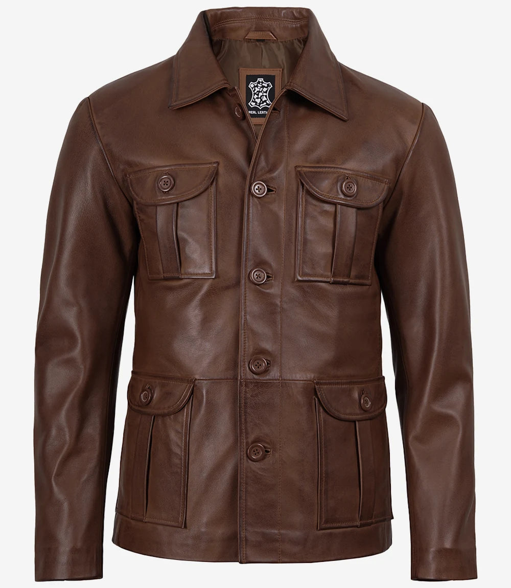 Men's Brown Cognac Wax Utility Leather Field Jacket