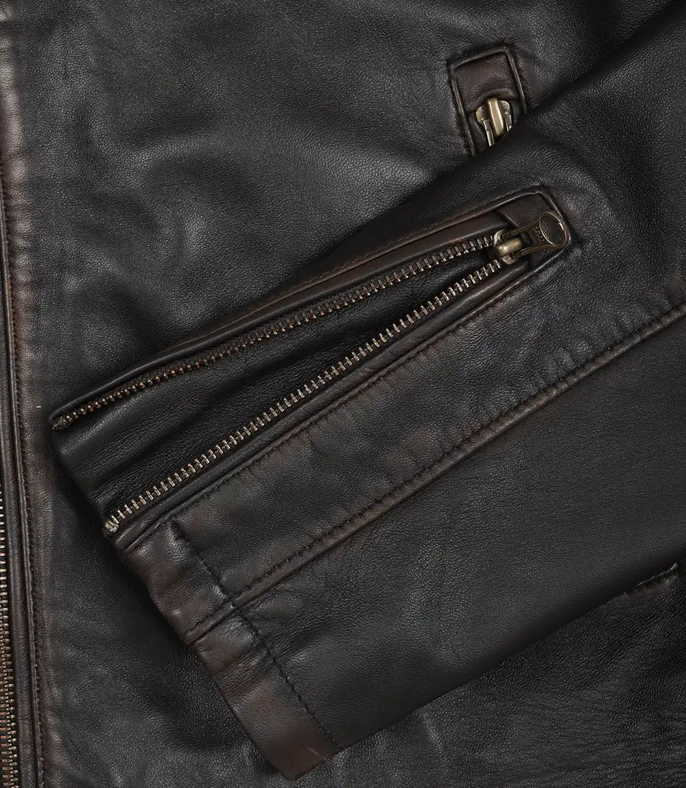 Men’s Vintage Brown Leather Biker Jacket with Dual Racing Stripes