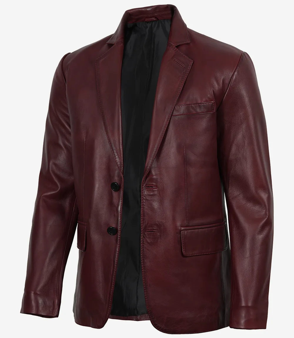 Men's Two Button Notch Lapel Burgundy Waxed Leather Blazer