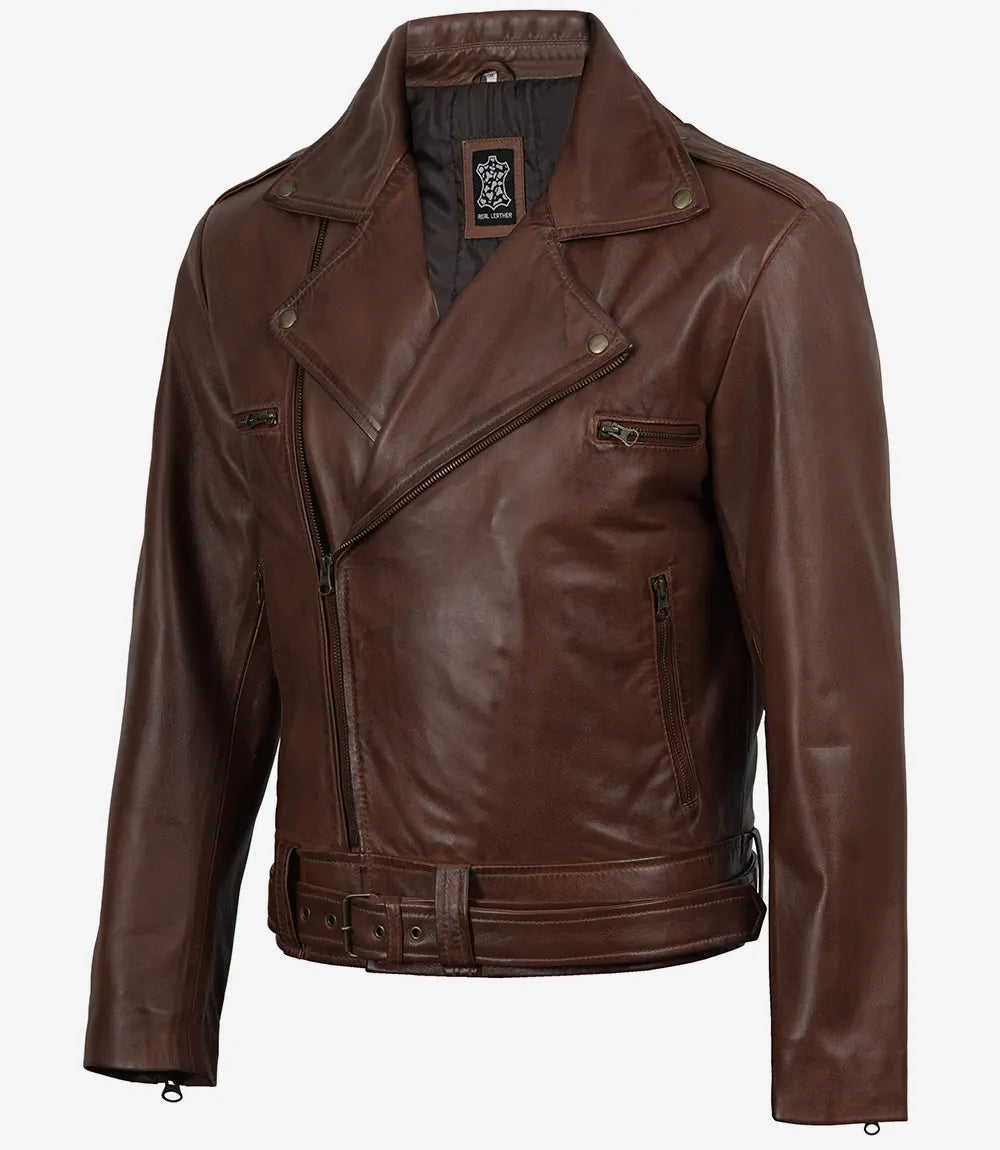 Mens Cognac Waxed Asymmetrical Biker Style Leather Jacket