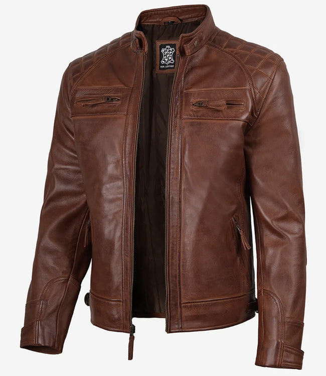 Cognacbraune gesteppte Lederjacke im Biker-Stil für Herren