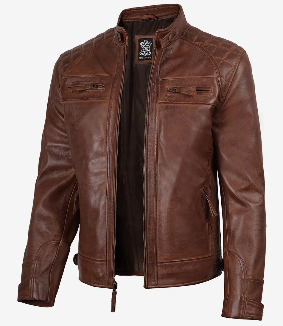 Cognacbraune gesteppte Lederjacke im Biker-Stil für Herren