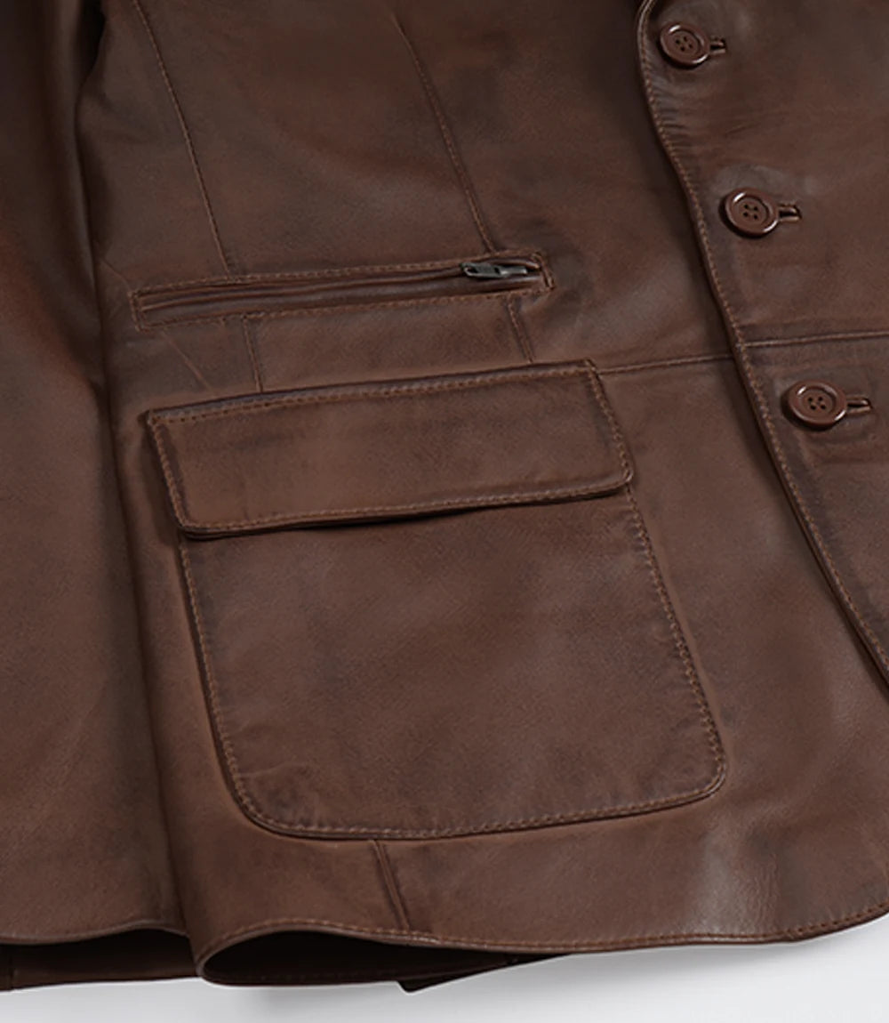 Mens Three Button Cognac Waxed Leather Blazer - Notch Lapel