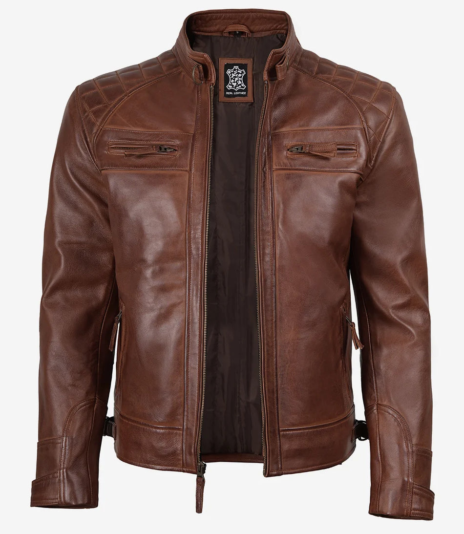 Cognacbraune gesteppte Lederjacke im Biker-Stil für Herren