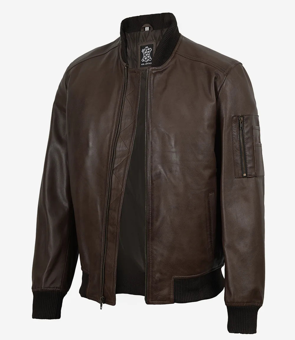 Men's Dark Brown Leather Bomber Jacket with Ribbed Collar