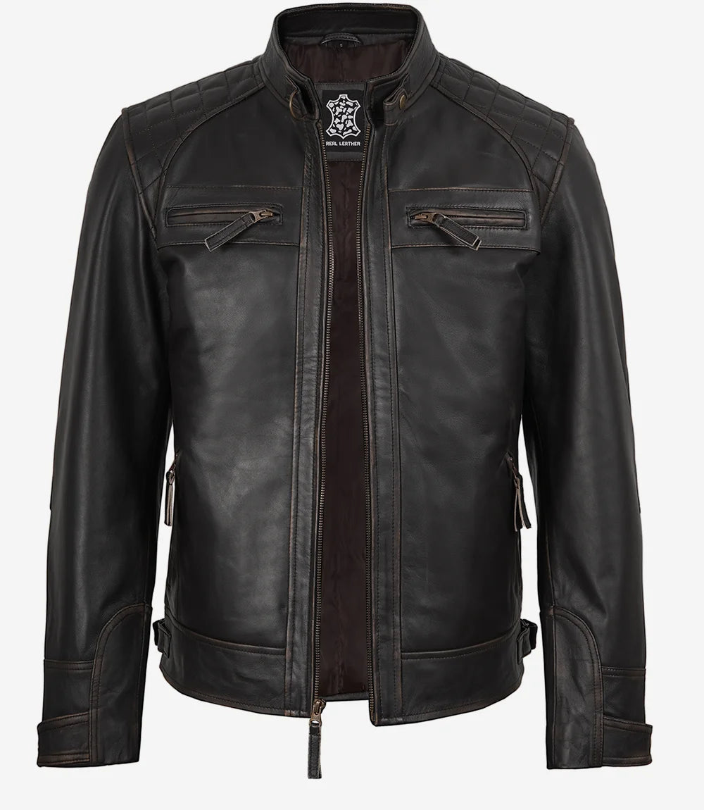 Große Herrenjacke aus braunem Leder im Used-Look im Biker-Stil – gesteppte Schultern