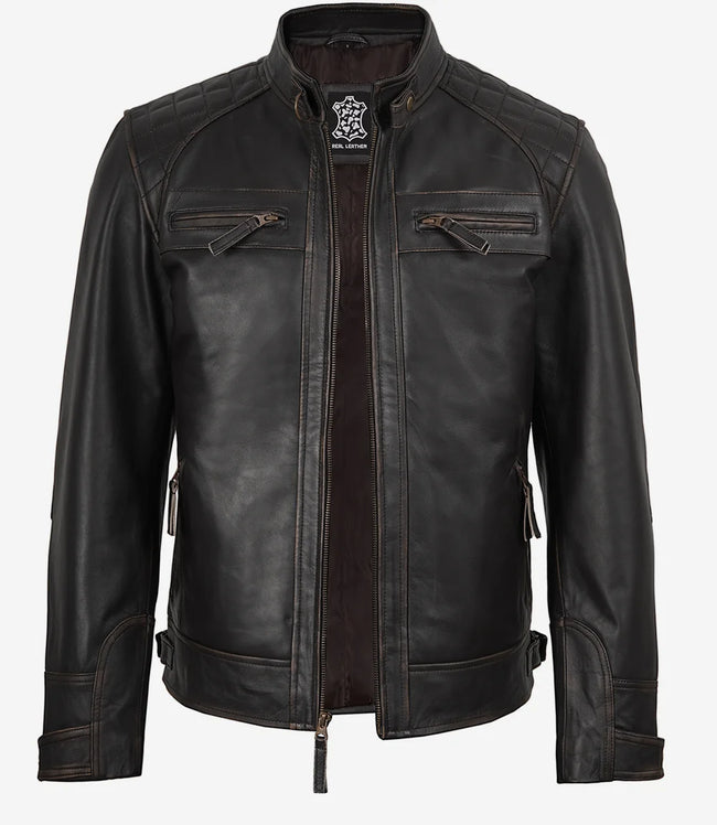 Große Herrenjacke aus braunem Leder im Used-Look im Biker-Stil – gesteppte Schultern
