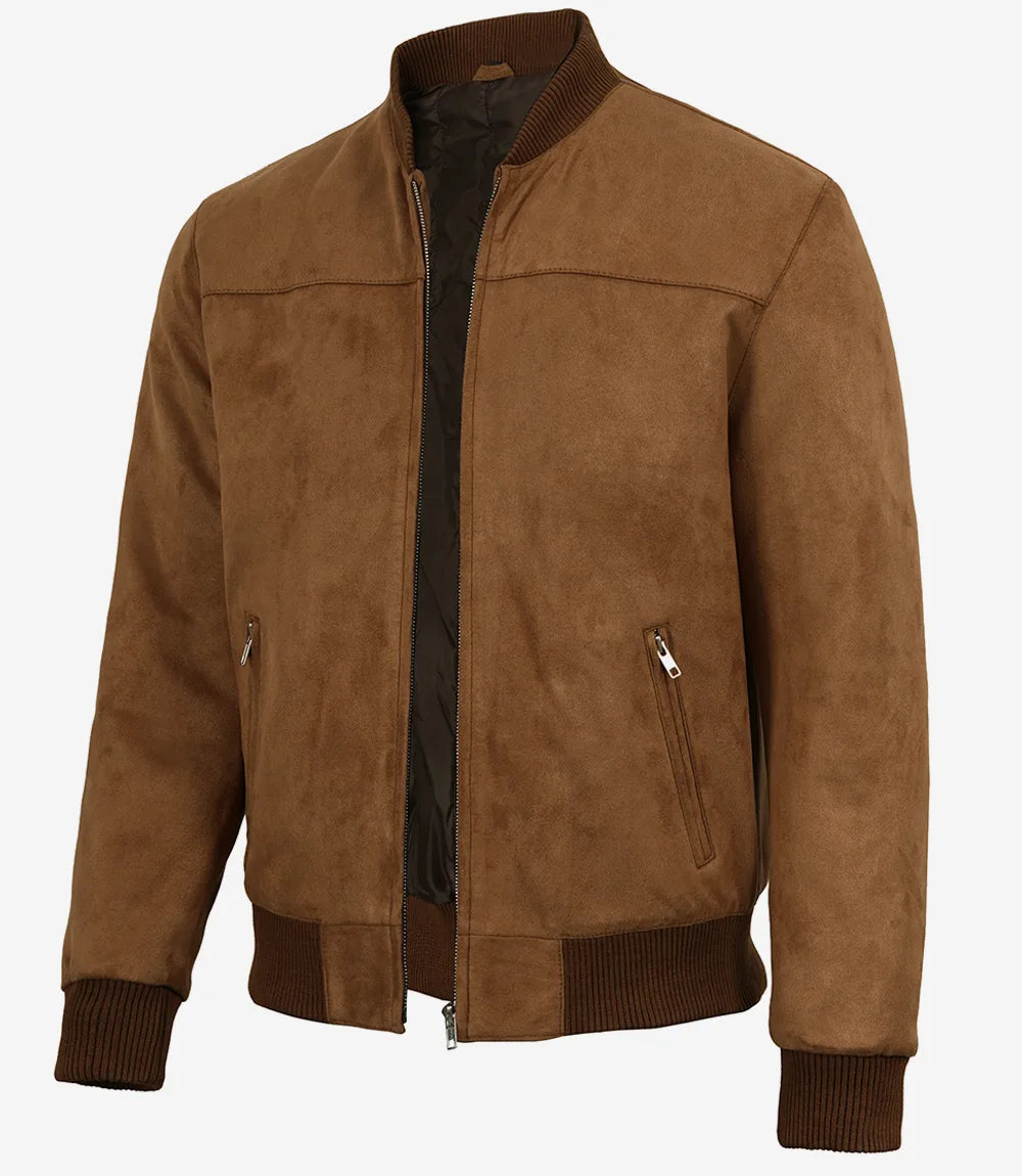 Men's Light Brown Faux Suede Bomber Jacket