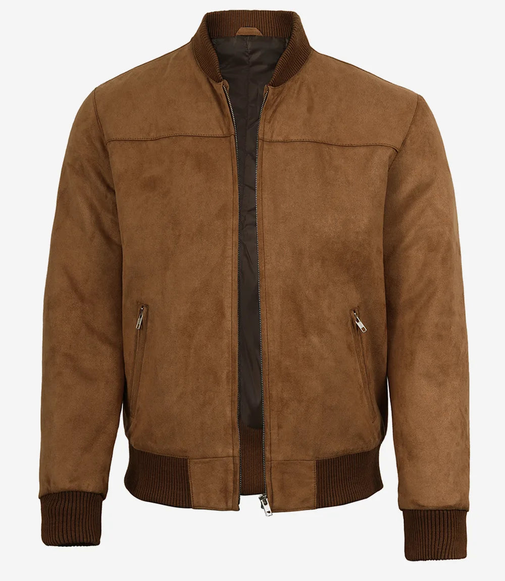 Men's Light Brown Faux Suede Bomber Jacket
