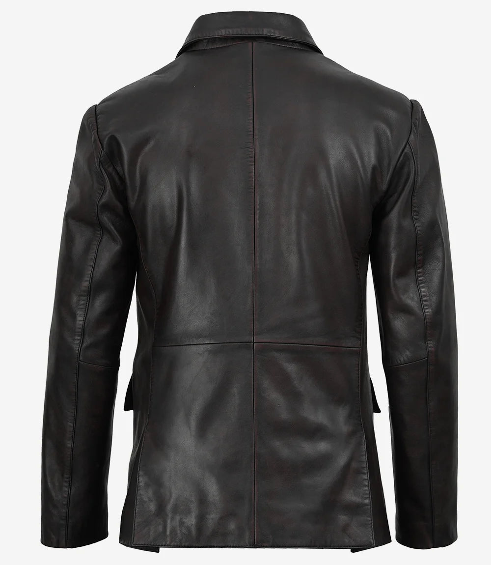 Juan Men's Two Toned Maroon Distressed Black Leather Blazer
