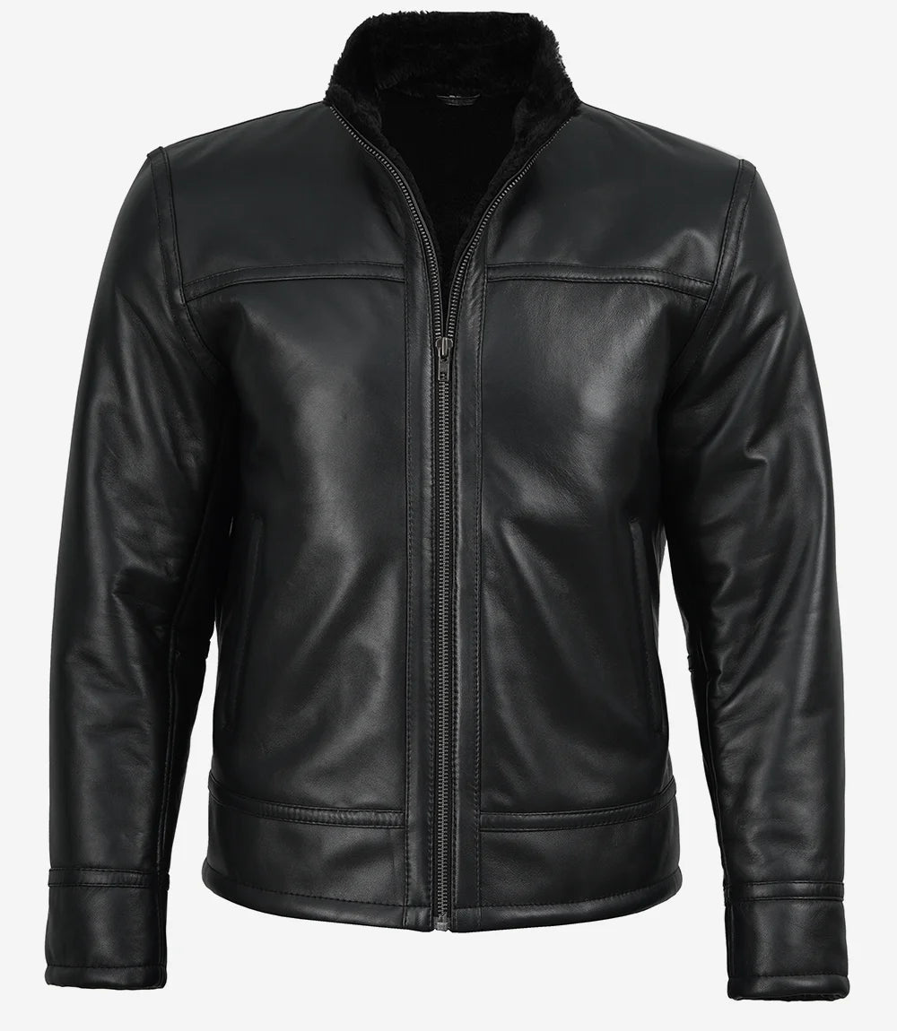 Men’s Black Real Lambskin Leather Jacket with Faux Shearling Lining