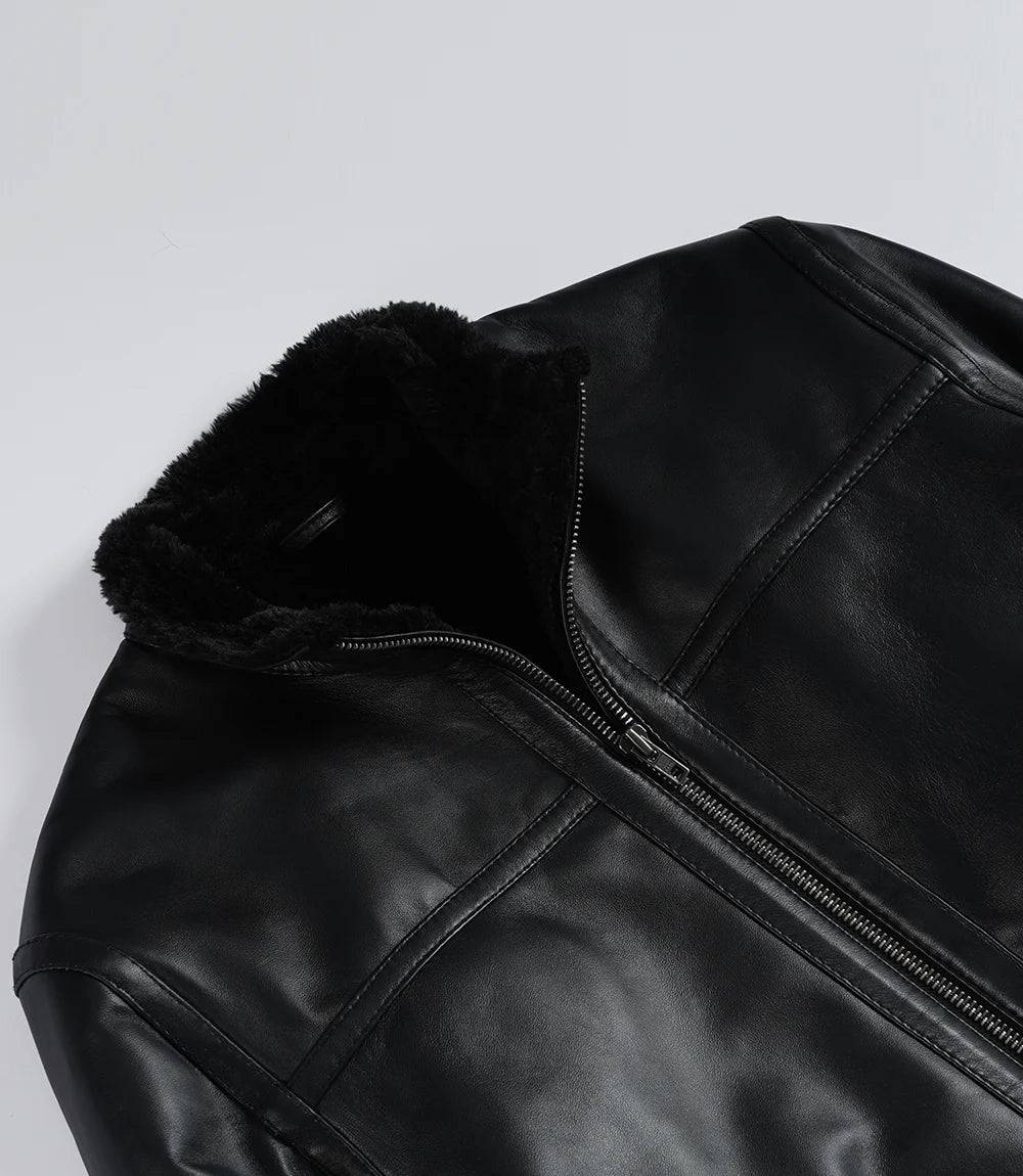 Men’s Black Real Lambskin Leather Jacket with Faux Shearling Lining