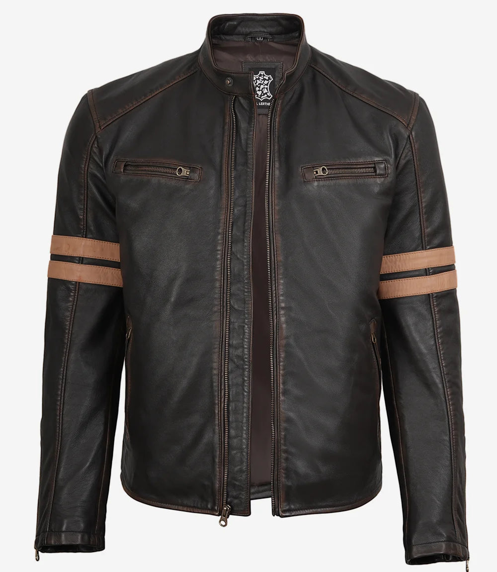 Men’s Vintage Brown Leather Biker Jacket with Dual Racing Stripes