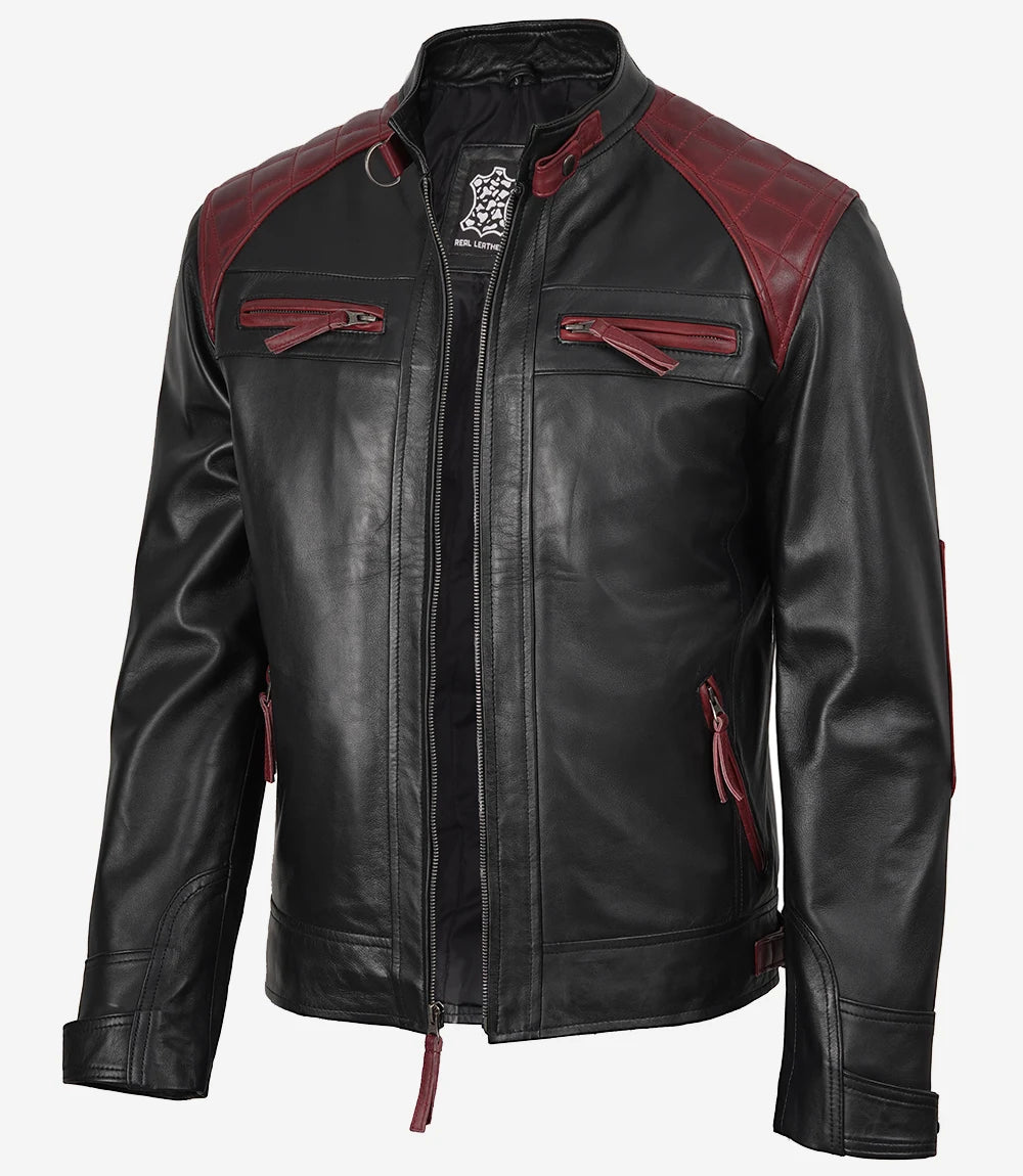 Schwarze und kastanienbraune Lederjacke im Biker-Stil für Herren – gesteppte Schulterpartie