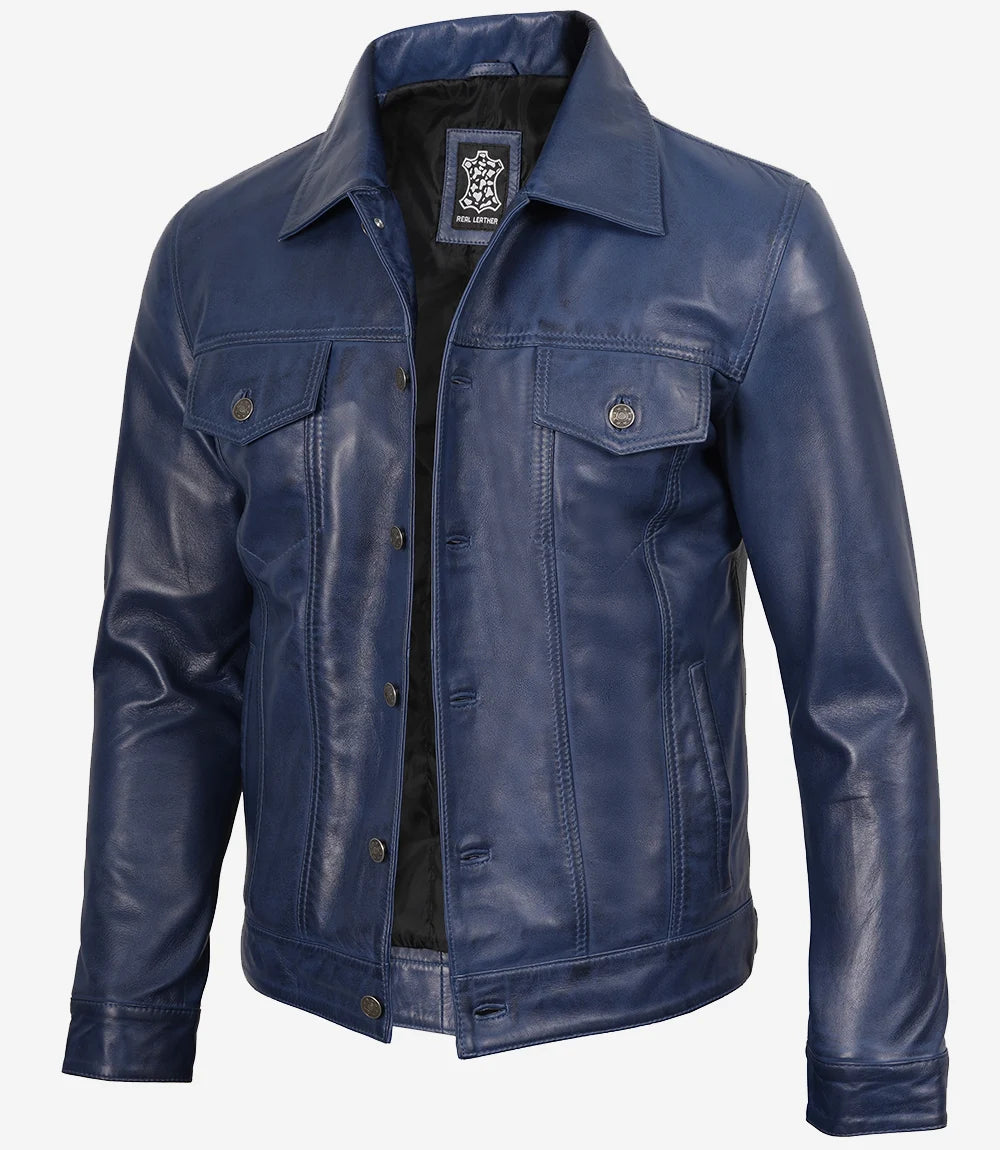 Herren-Truckerjacke aus echtem Lammleder, blau, gewachst