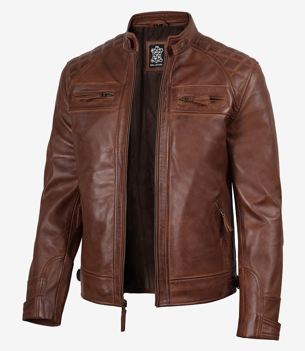 Cognacbraune gesteppte Lederjacke im Biker-Stil für Herren