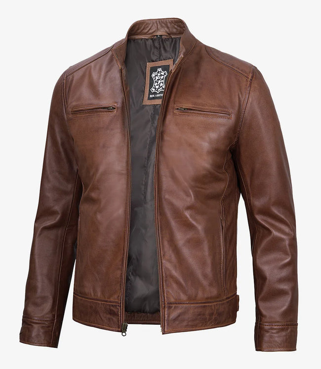Cognacfarbene Lederjacke im Biker-Stil für Herren