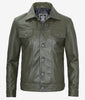 Mens Four Pockets Green Leather Trucker Jacket