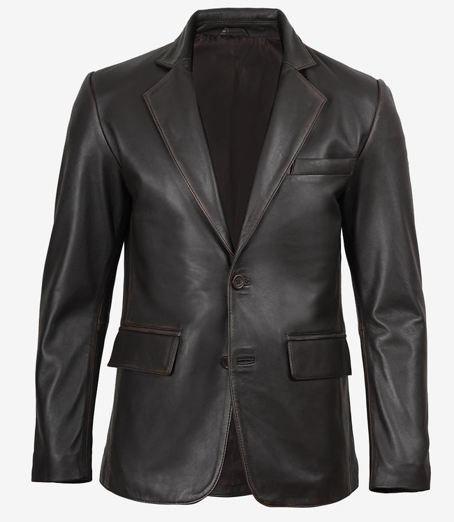 Mens Two Button Notch Lapel Ruboff Brown Leather Blazer Jacket