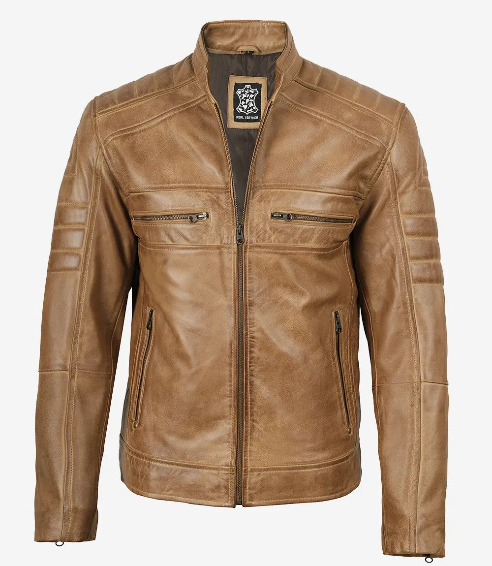 Kamelbraune Lederjacke im Biker-Stil für Herren