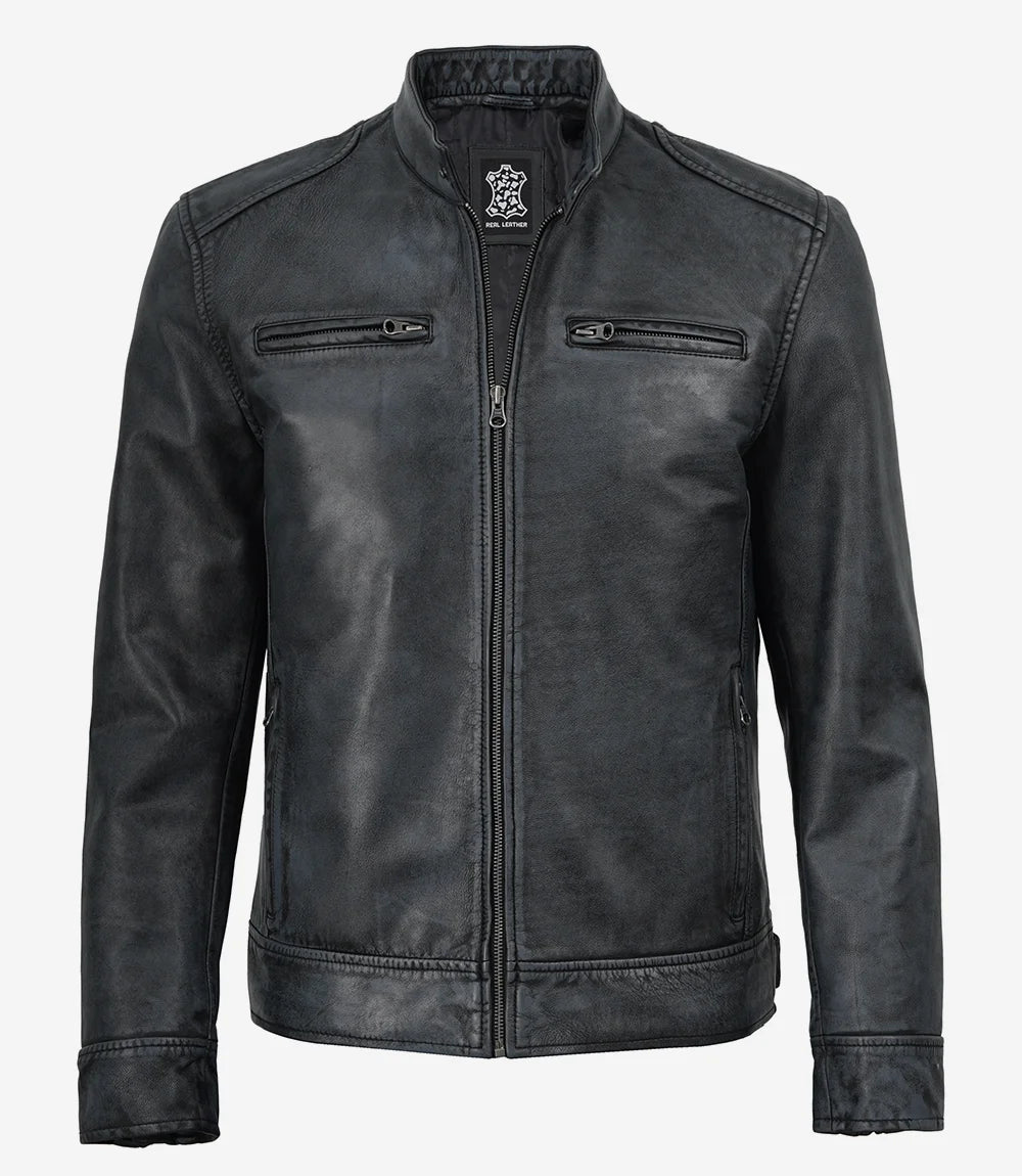 Dodge Men's Black Washed Leather Biker Style Jacket