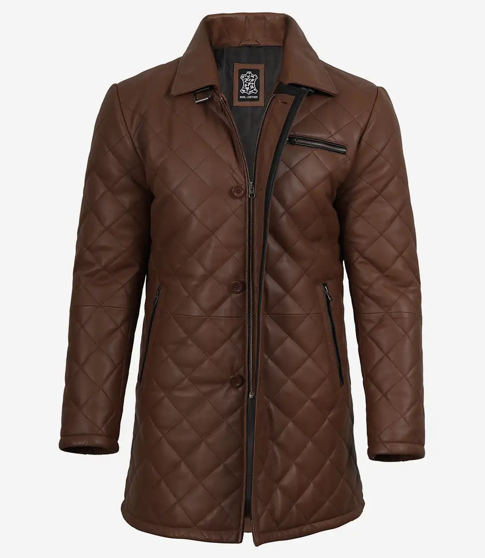 Men's Cognac Diamond Quilted Leather Car Coat With Black Detailing