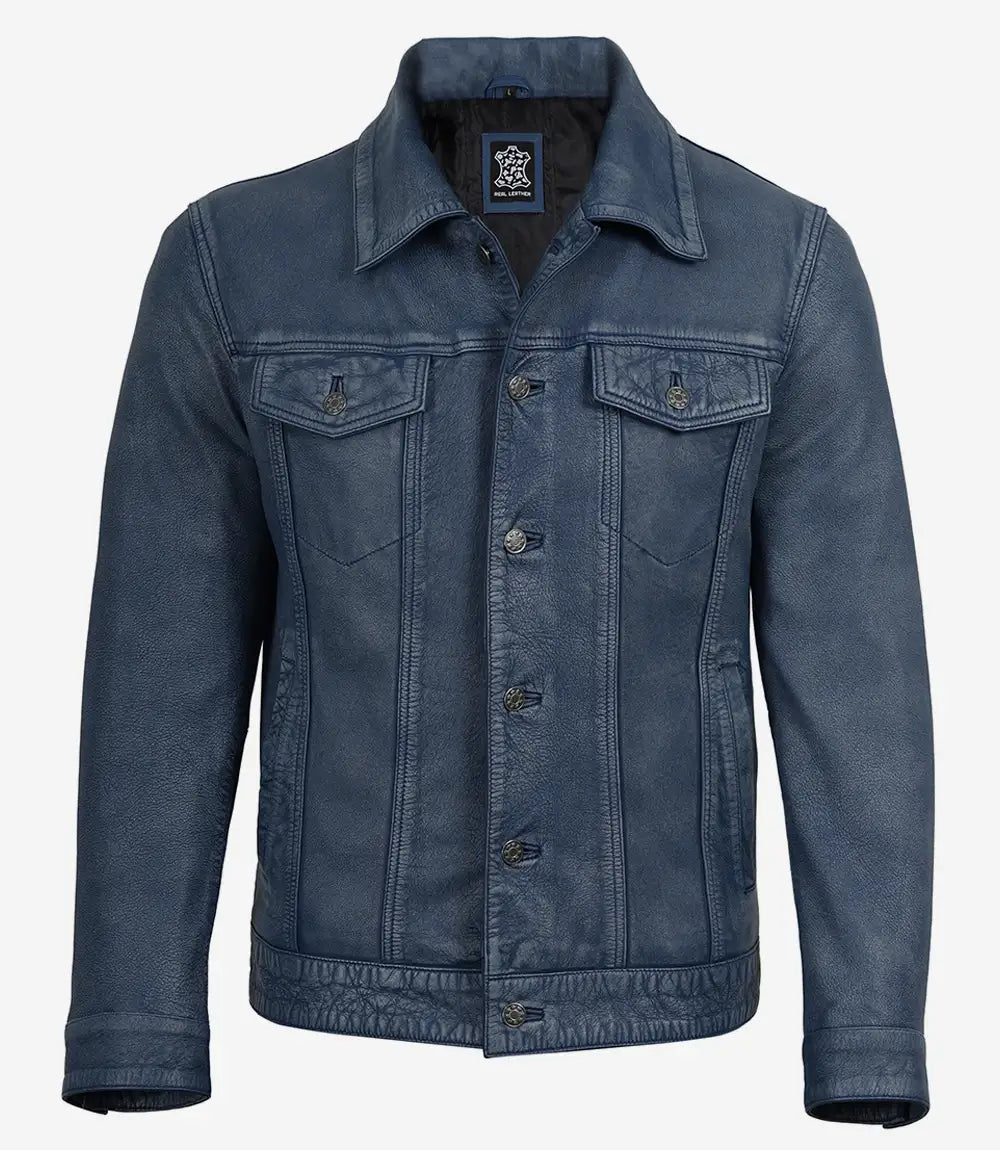 Men's Blue Washed Distress Leather Trucker Jacket - Denim Style