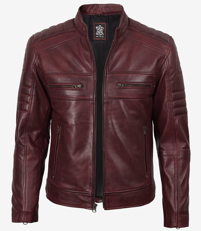 Burgunderrote Lederjacke im Biker-Stil für Herren