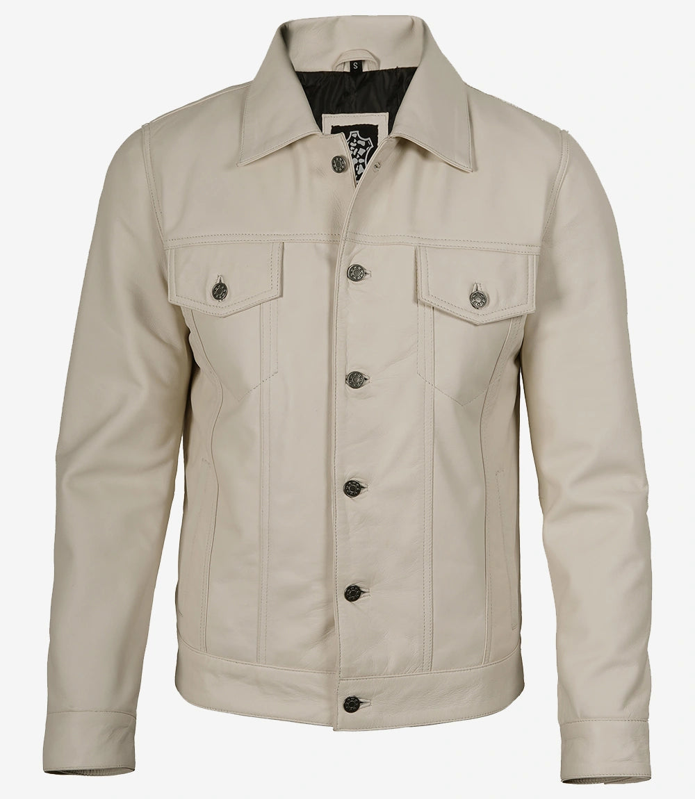 Herren-Truckerjacke aus gebrochenem weißem Leder mit vier Taschen