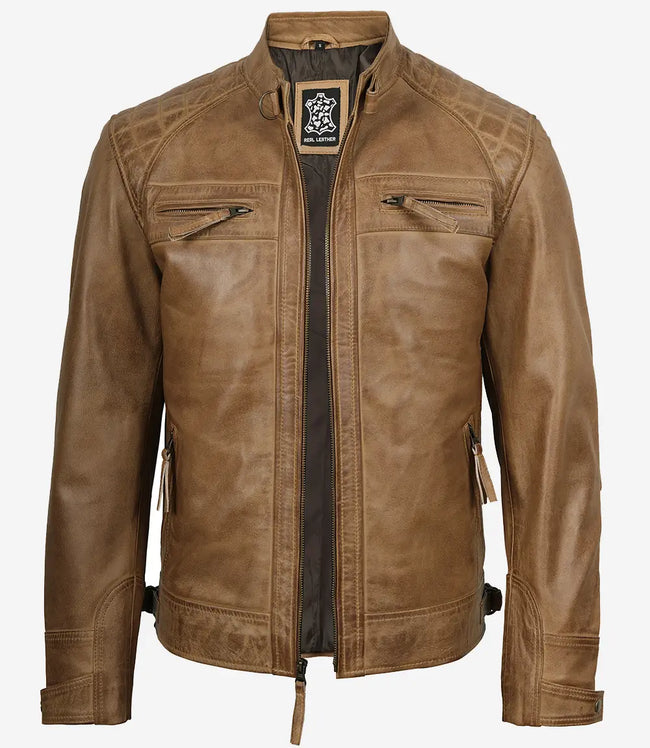 Herren-Lederjacke im Biker-Stil mit gesteppter Schulterpartie in Kamelbraun