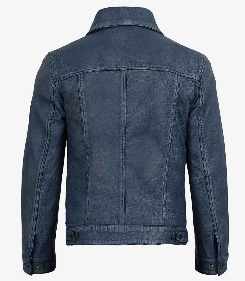 Men's Blue Washed Distress Leather Trucker Jacket - Denim Style