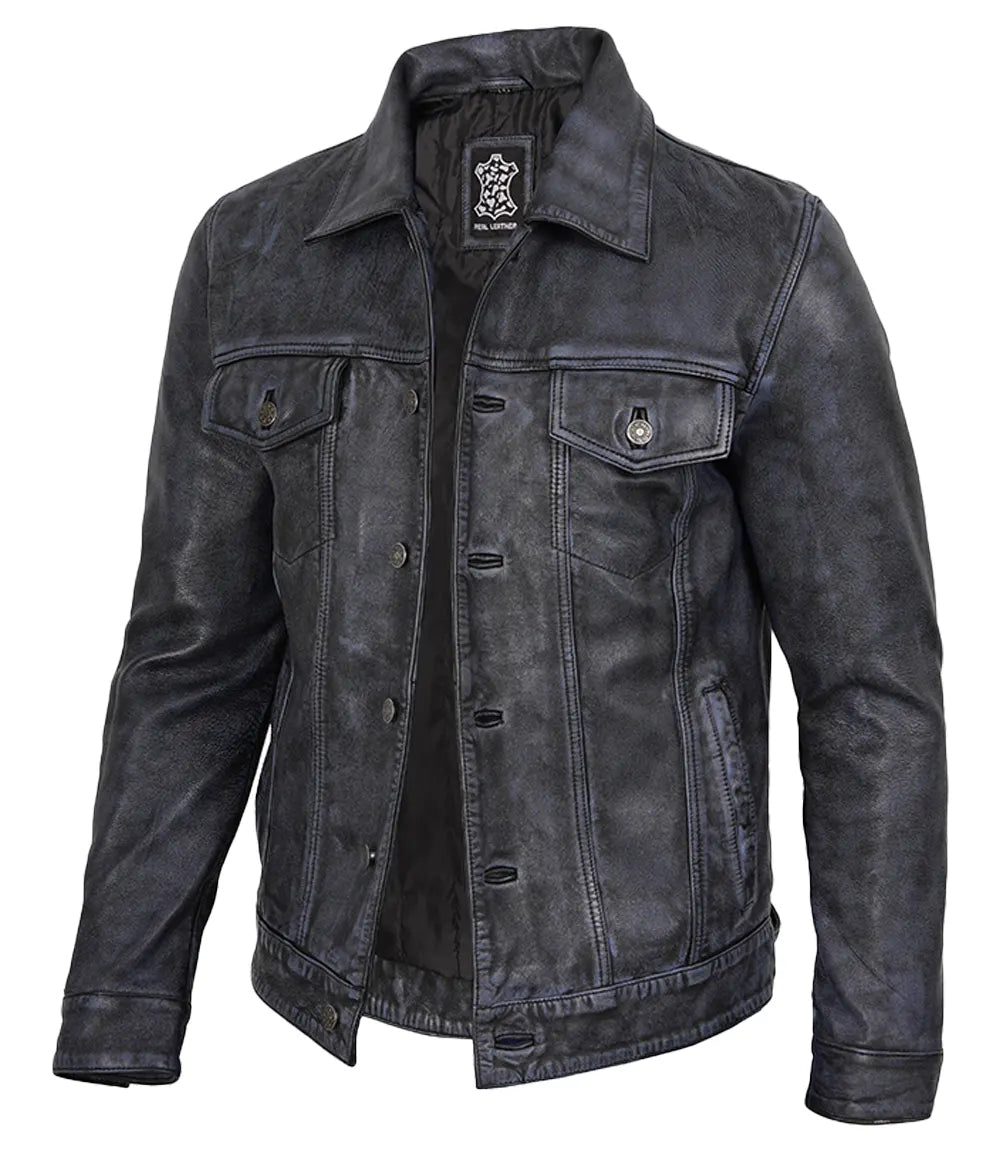 Mens Black Washed Leather Trucker Style Jacket