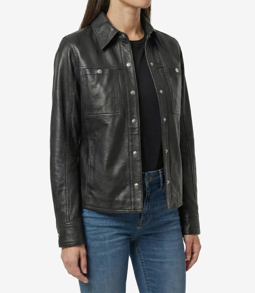 Women’s Minimalist Black Lambskin Leather Shacket – Snap-Button Closure