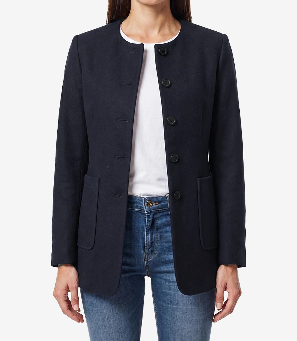 Women's Navy Blue Wool Collarless Jacket