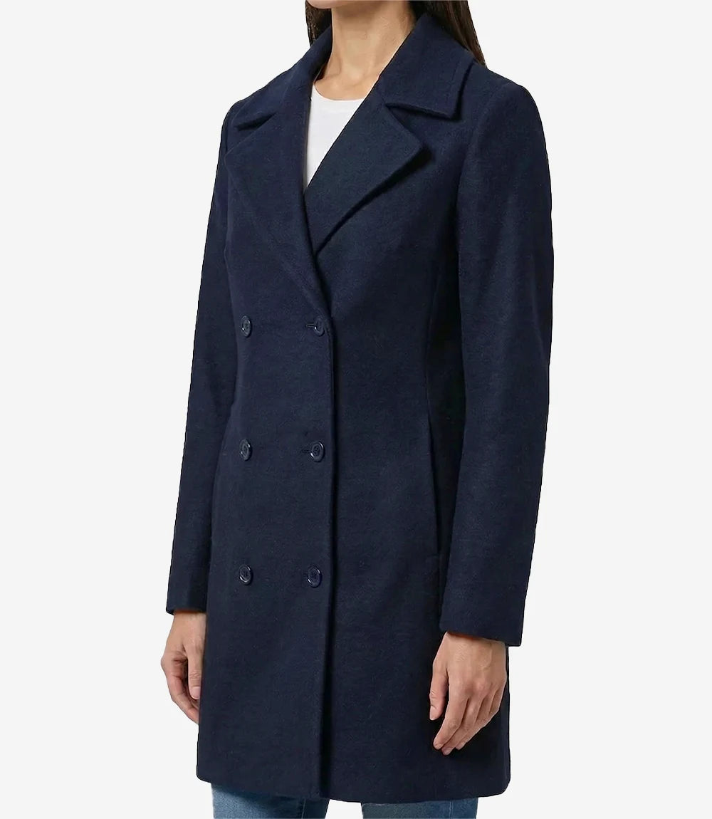 Womens 3/4 Length Navy Blue Double Breasted Wool Coat