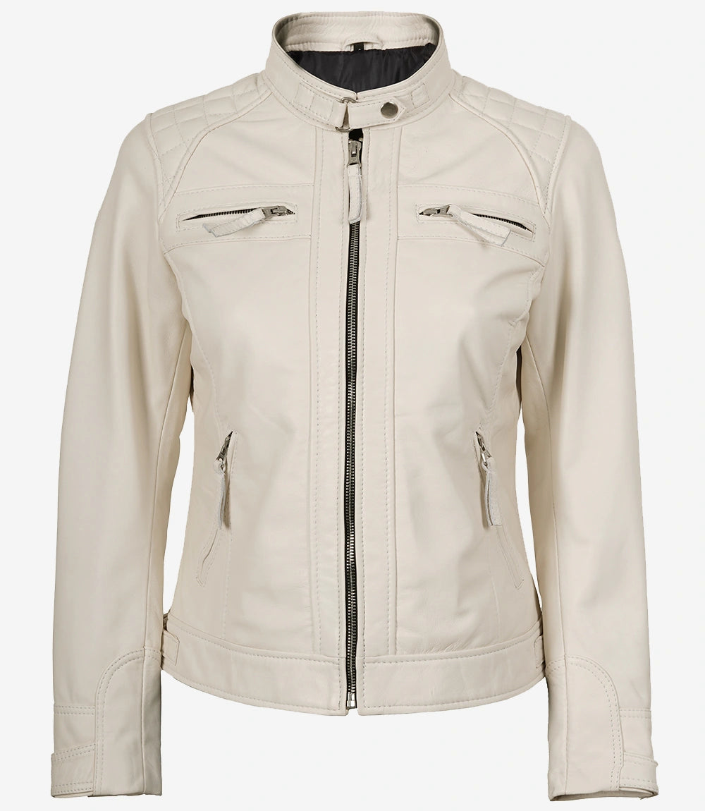 Damenjacke aus echtem Lammleder, gebrochenes Weiß, gesteppt, im Biker-Stil