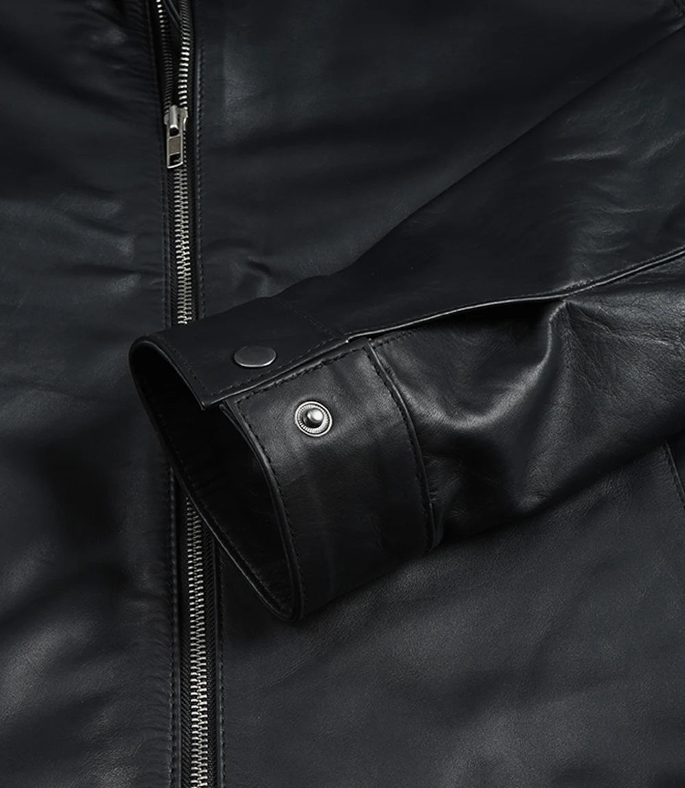 Michael Men's Black Cowhide Leather Jacket with Shirt Collar
