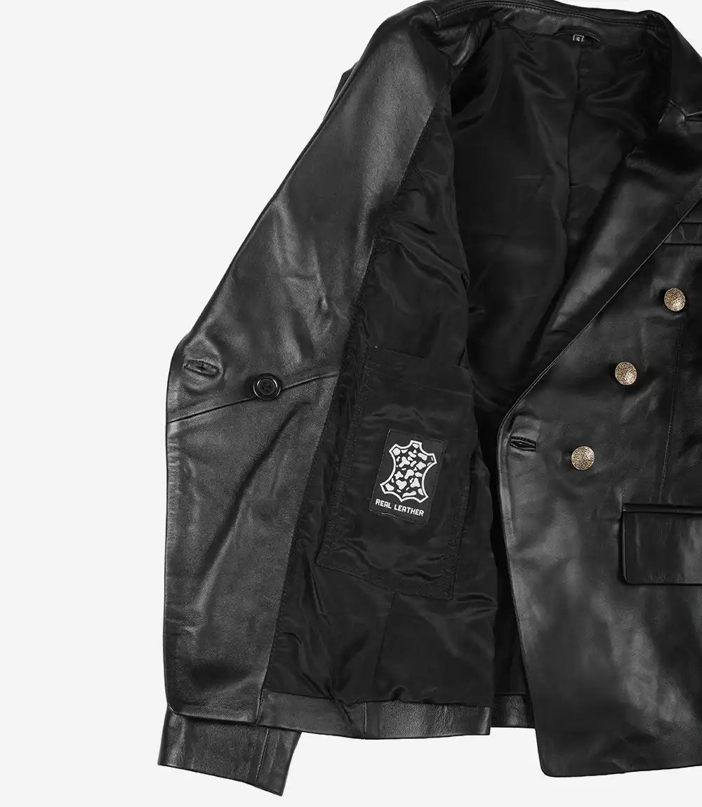 Kim Damen Zweireihiger schwarzer Lederblazer