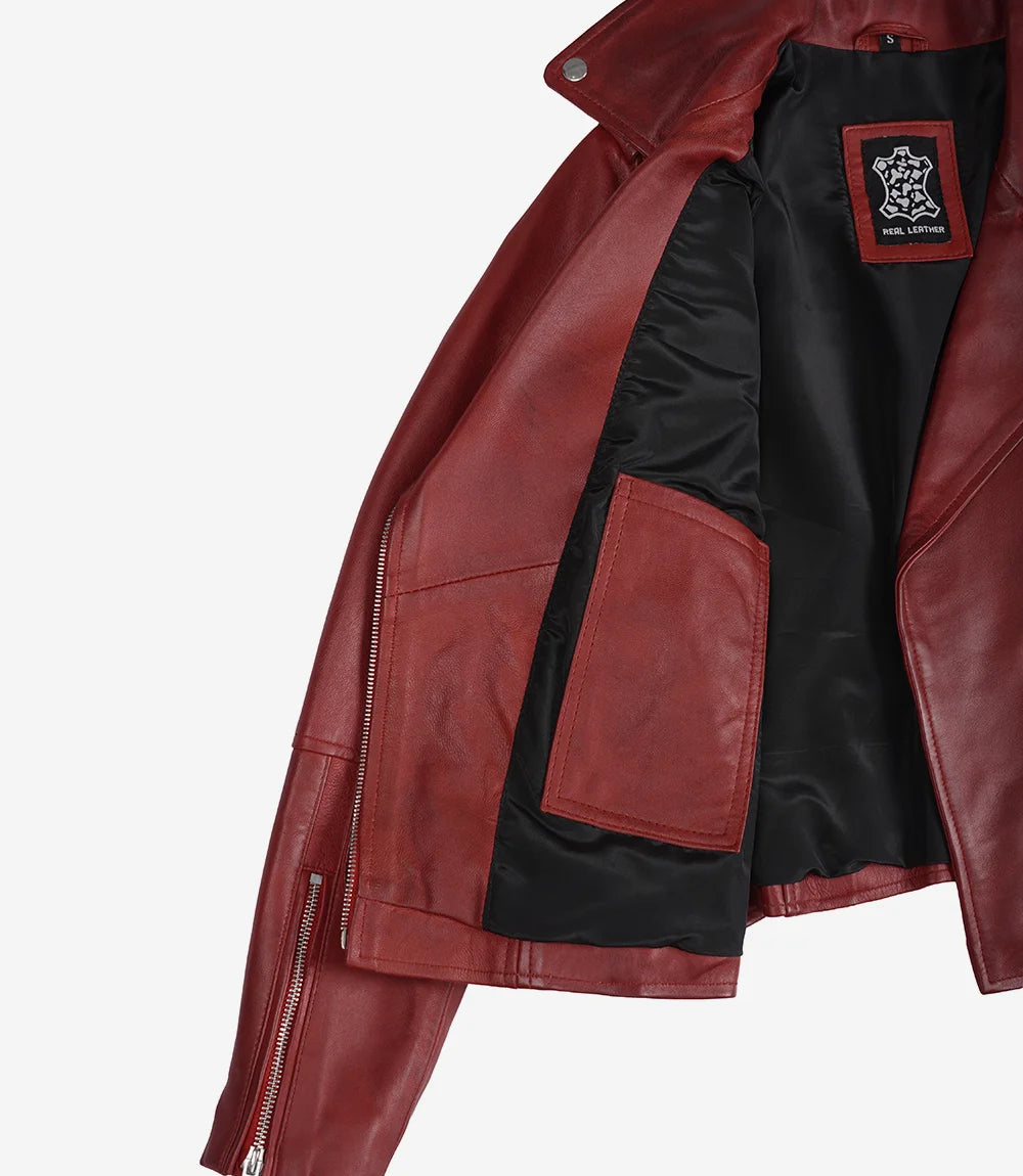 Rote asymmetrische Lederjacke im Biker-Stil mit Gürtel für Damen