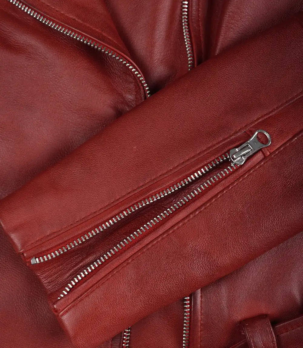 Rote asymmetrische Lederjacke im Biker-Stil mit Gürtel für Damen