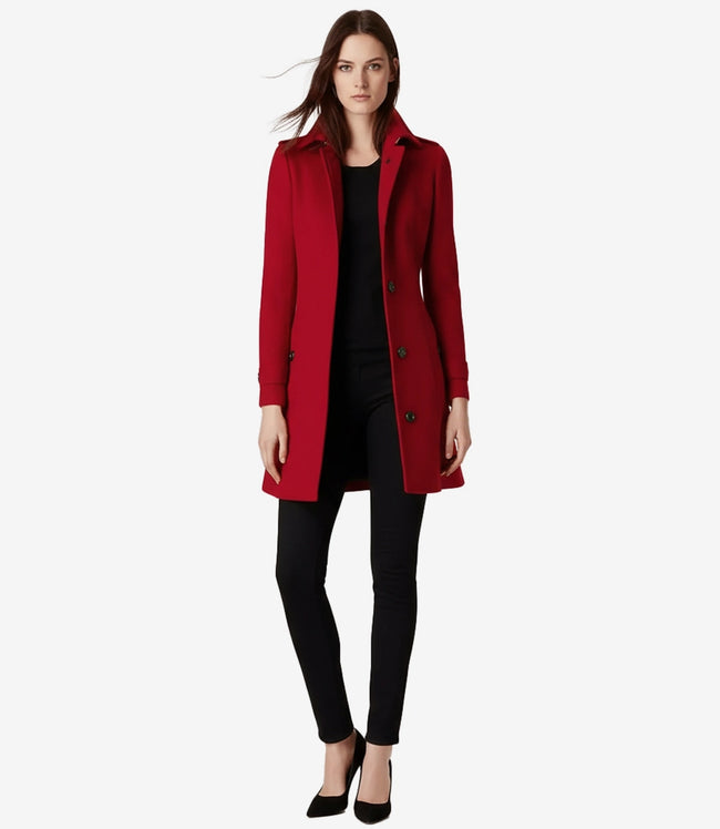 Einreihiger roter Wollmantel für Damen – 3/4-Länge