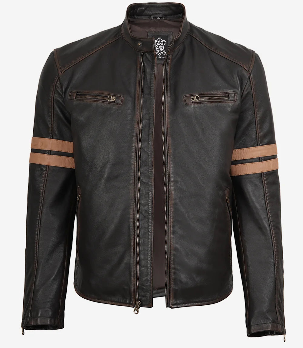Men’s Vintage Brown Leather Biker Jacket with Dual Racing Stripes