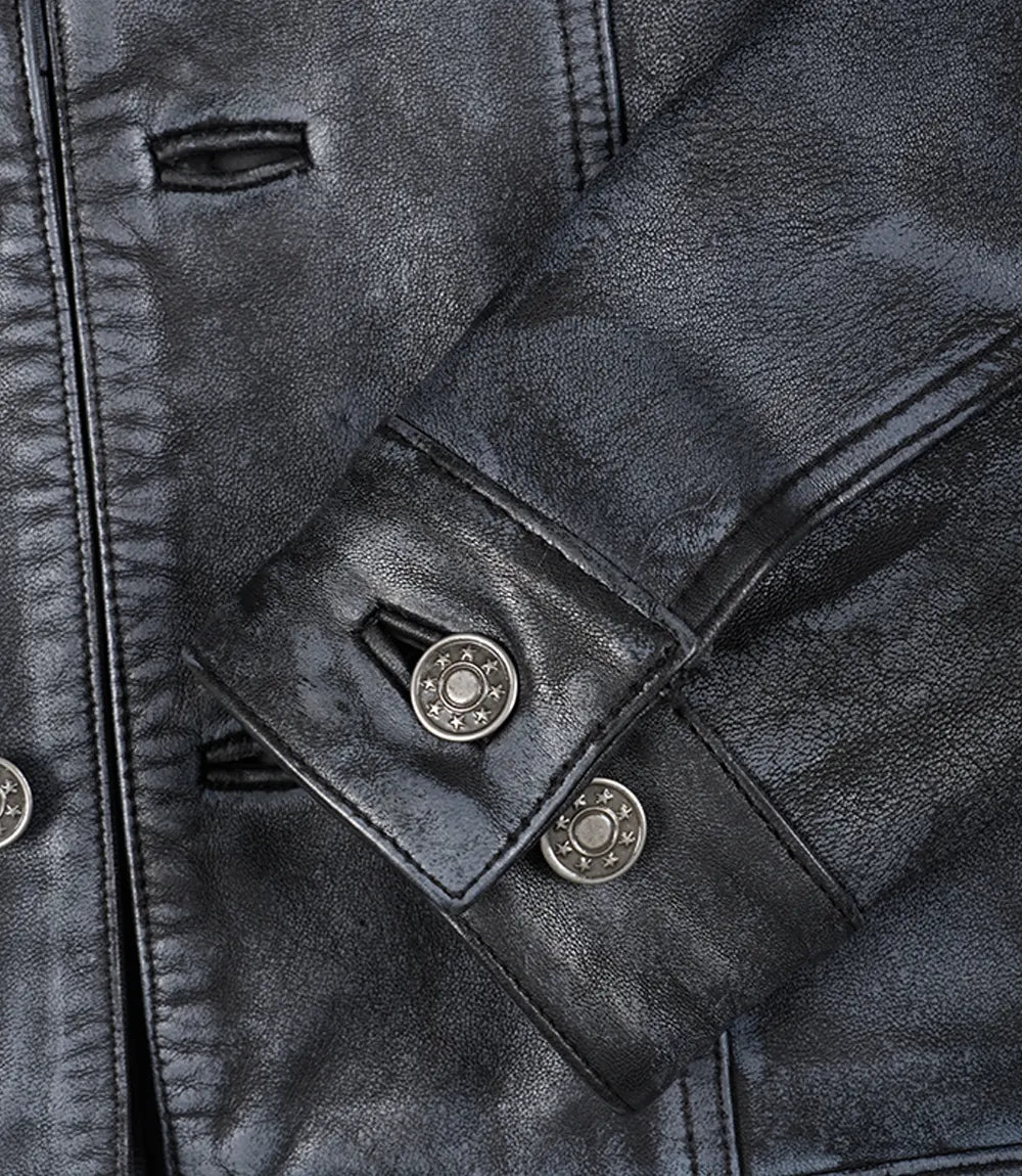 Mens Black Washed Leather Trucker Style Jacket