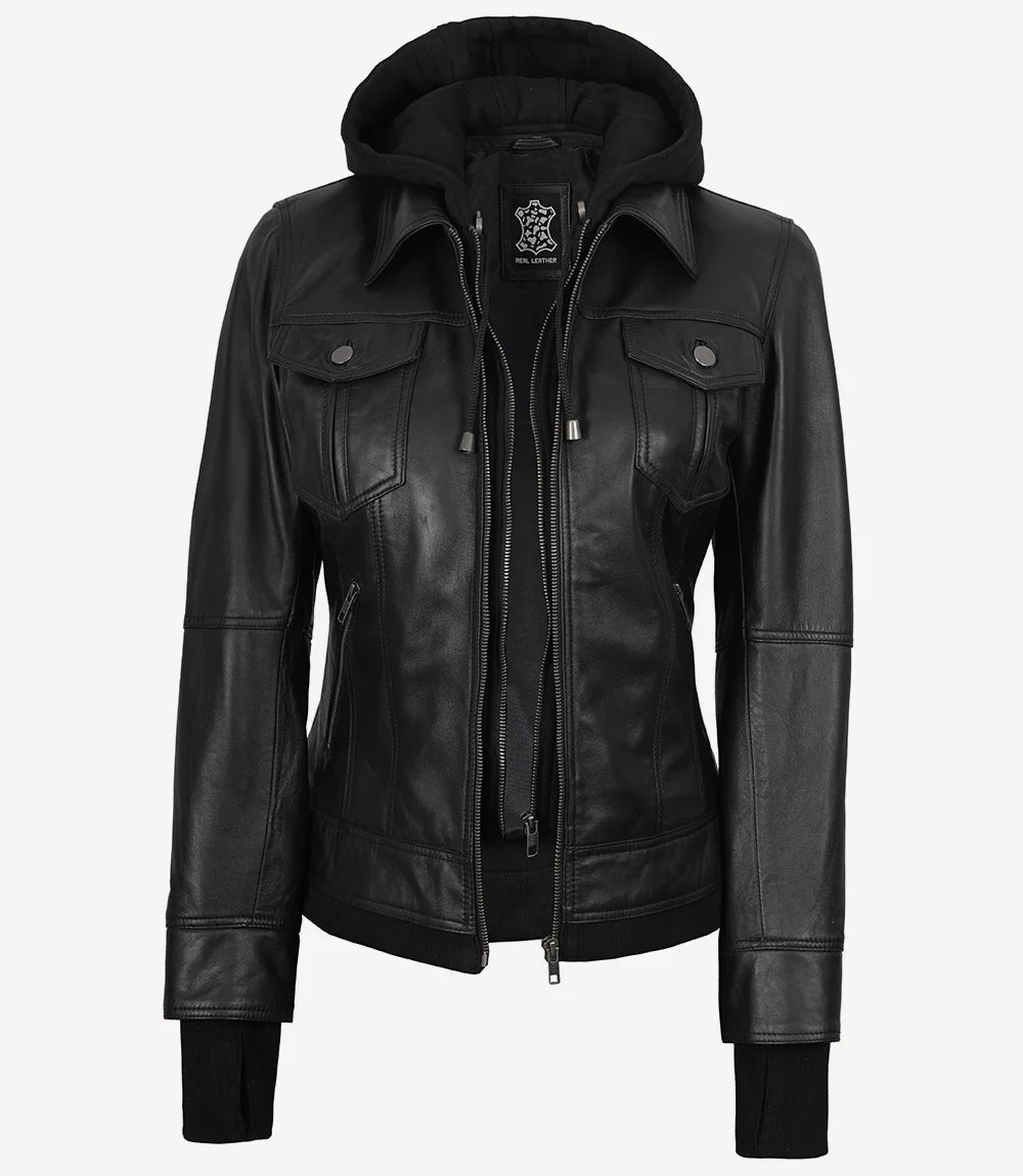 The Celeste: Schwarze Bomber-Lederjacke für Damen mit abnehmbarer Kapuze