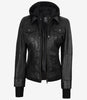 The Celeste: Schwarze Bomber-Lederjacke für Damen mit abnehmbarer Kapuze