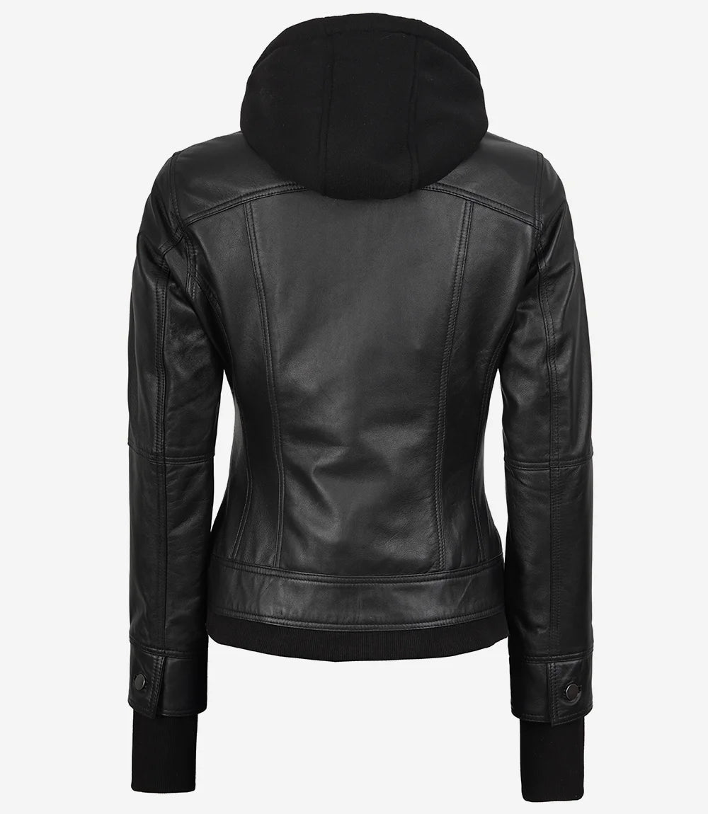 The Celeste: Schwarze Bomber-Lederjacke für Damen mit abnehmbarer Kapuze