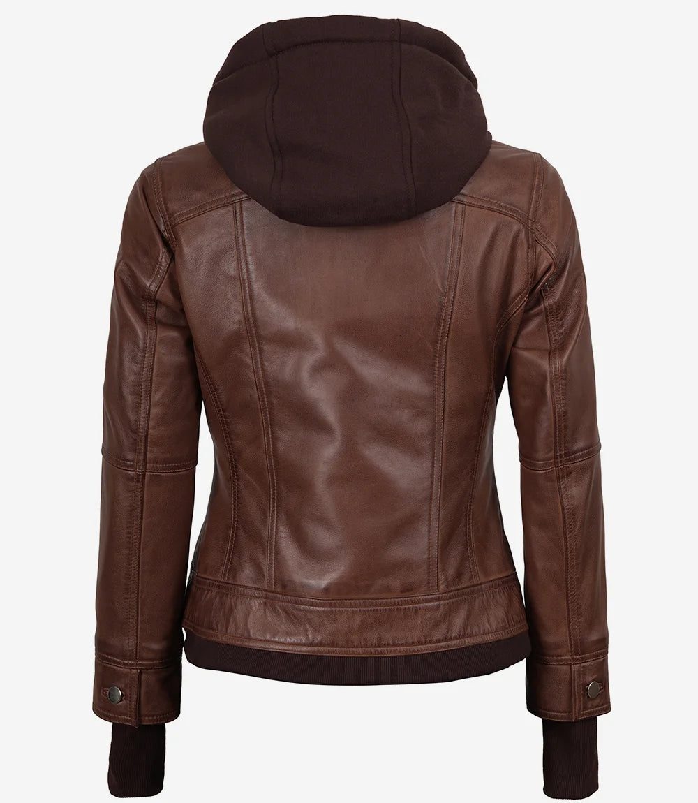 Tralee Damen Cognac Wachs-Bomberlederjacke mit abnehmbarer Kapuze